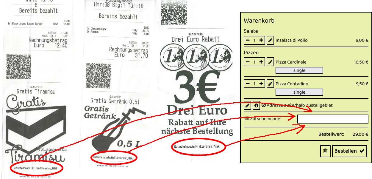 Beispiel für Gutscheincodes auf Rechnungszetteln von La Sera 3 in Wiener Neustadt Pleryergasse 1C – drei Rechnungen mit individuellen Gutscheincodes, die im Online-Warenkorb des Restaurants eingegeben werden können.